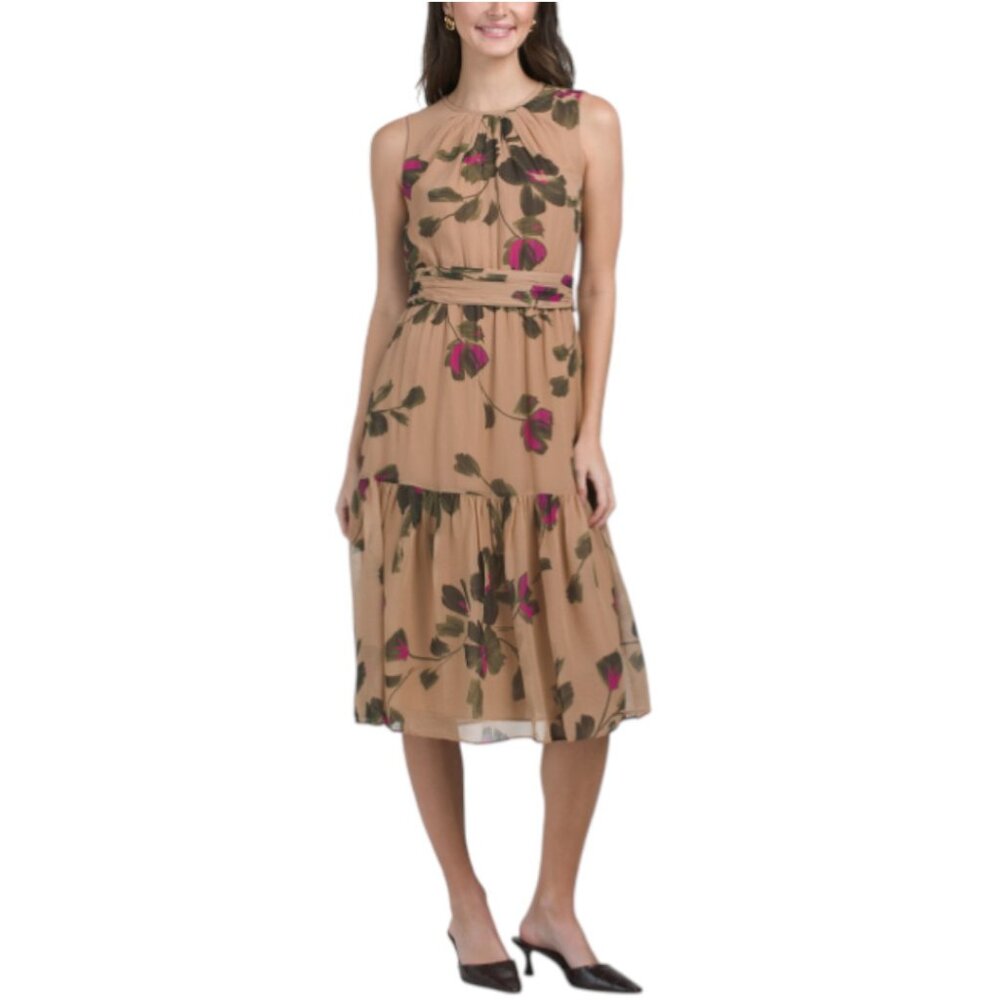 TERI JON Silk Chiffon Floral Belted Drop Waist Dress